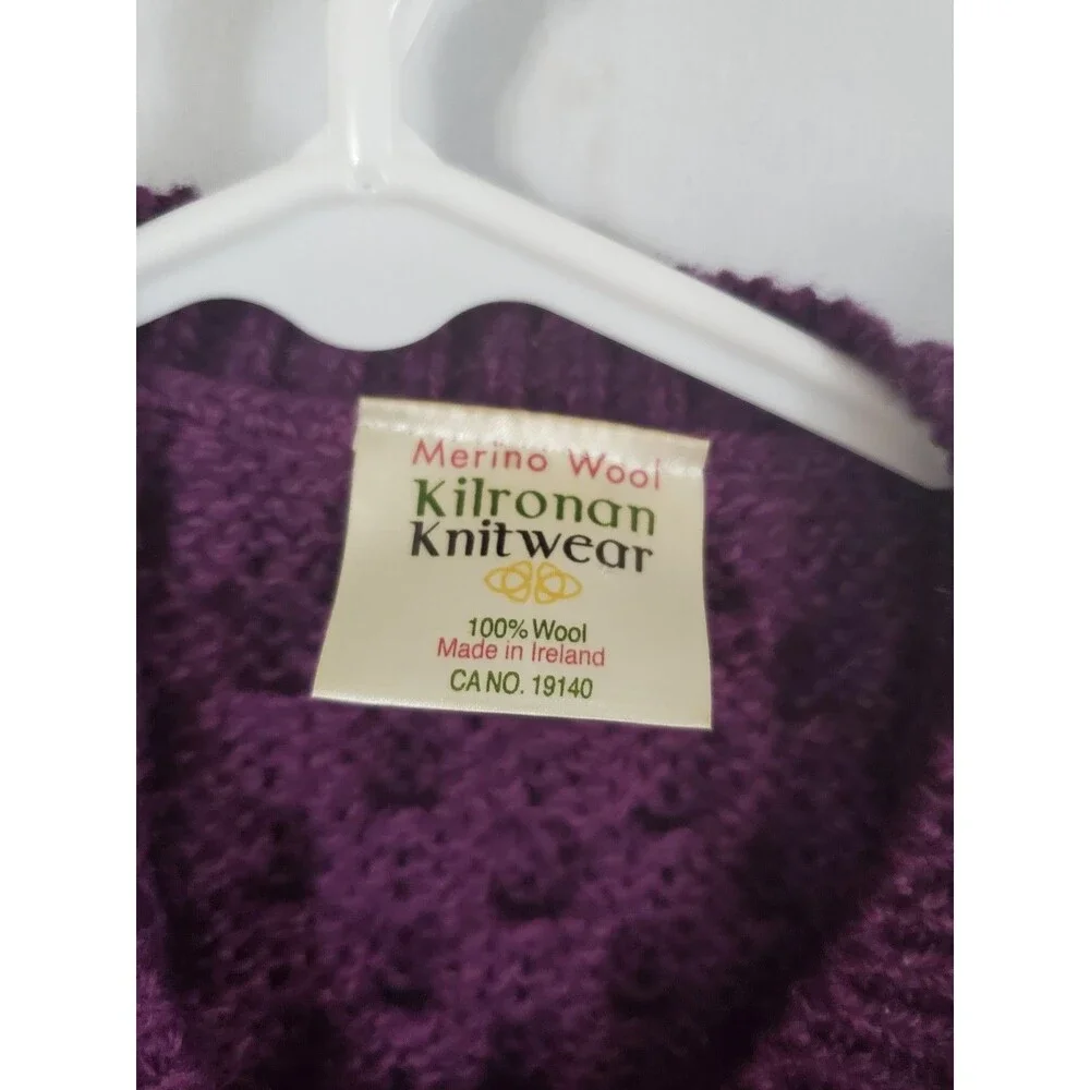 Kilronan Knitwear Cardigan Merino Wool Cable Knit Ireland 3/4 Sleeve Size Large